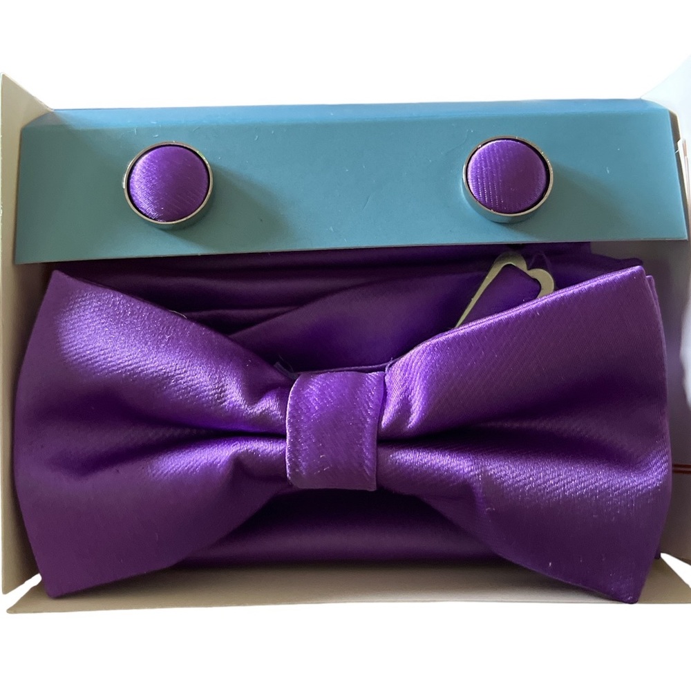 Epoint Men’s Solid Purple Silk Bow Tie & Cufflinks New in Box Gift Set